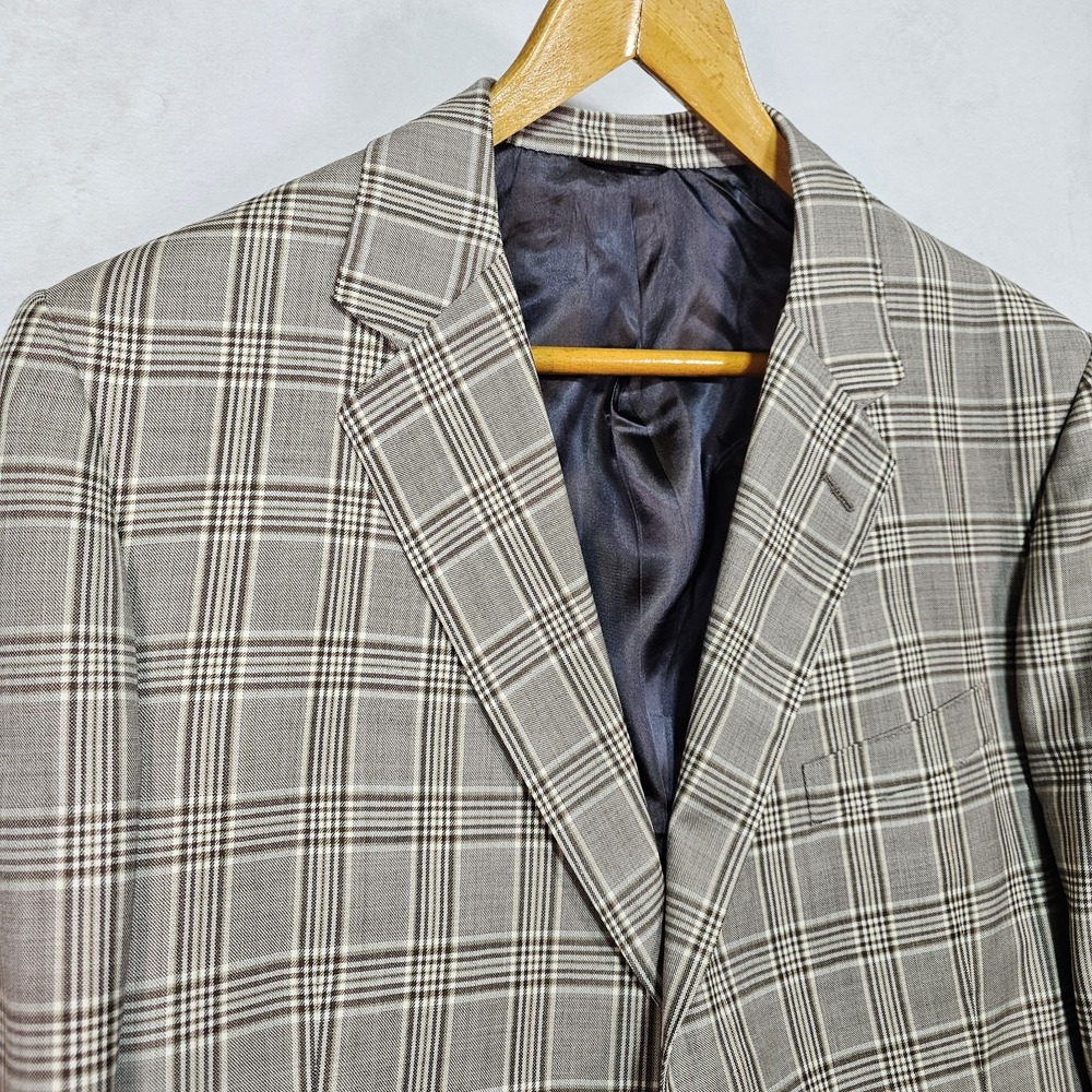 David August Couture Blazer Mens 42L Plaid Gingham Check Brown Tan Sport Coat